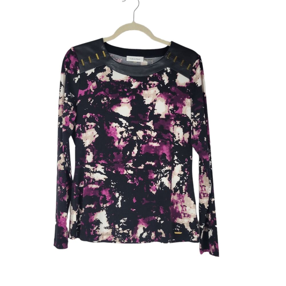 Calvin Klein size Large Top Pink Black Long Sleeve Faux Leather Trim Shoulder